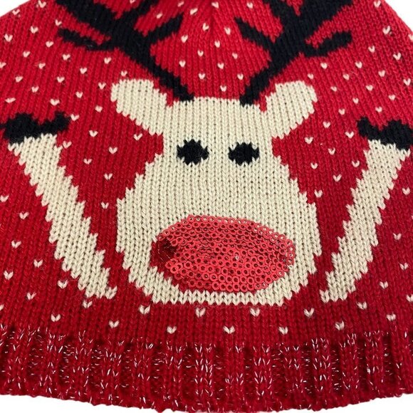 Nordic Reindeer Beanie Hat with Pompom Holiday Knit Cap - Picture 3 of 8
